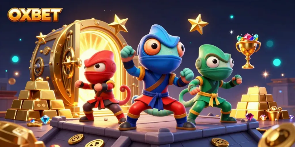Experience thrilling adventures with OXBET's vibrant casino scene featuring dynamic ninja chameleons and treasures.