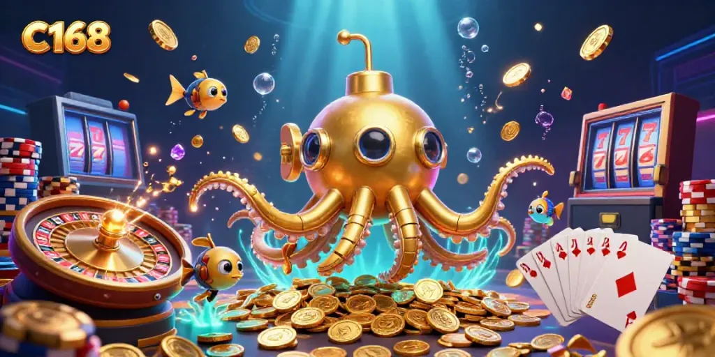 C168 players make a splash with a golden kraken submarine amidst sparkling gems and golden coins.