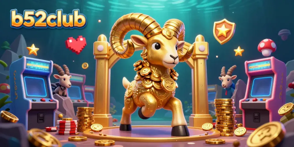Experience thrilling gaming action at b52club with a striking 3D illustration featuring a golden ram, arcade machines, and shimmering coin stacks.