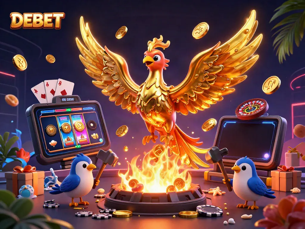 Experience DEBET's thrilling casino action with a phoenix emerging from a forge amidst vibrant gaming elements.