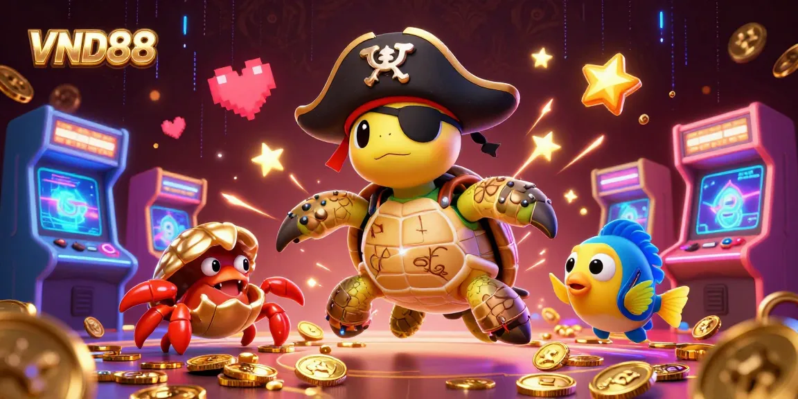 Explore VND88's vibrant casino gaming with a 3D turtle, crab, and parrotfish above treasure.