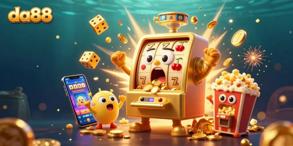 Experience da88's vibrant casino action as golden slot machines celebrate a jackpot with coins pouring out.