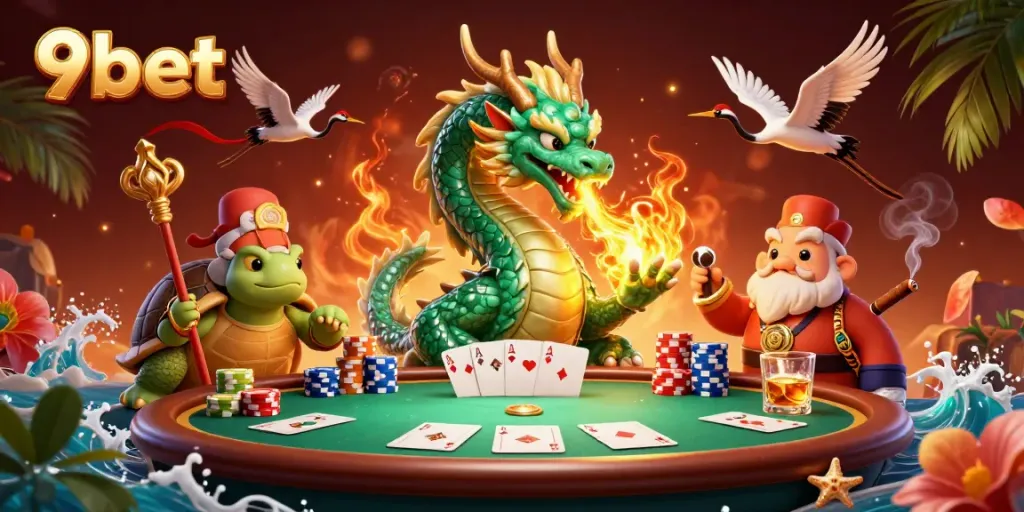 9bet players enjoy thrilling poker experiences featuring an emerald dragon and lucky symbols.