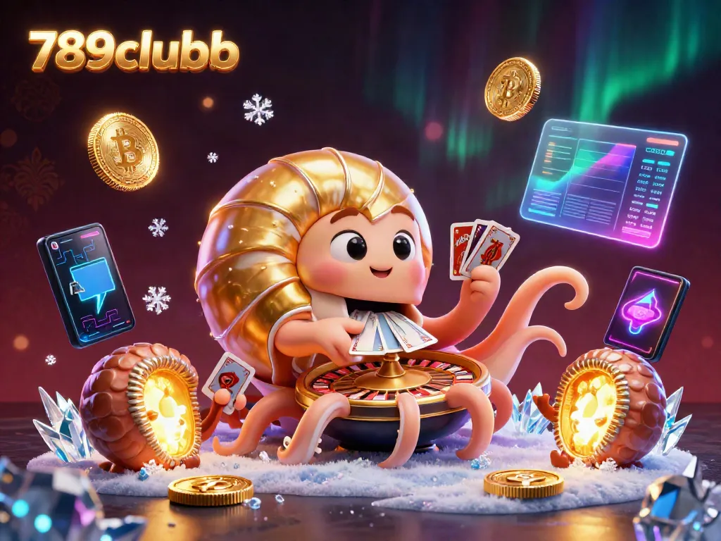 Engage with 789clubb through a vibrant 3D illustration of an ancient nautilus roulette wheel amidst neon cryptocurrency elements.