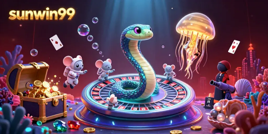 Experience the thrill of sunwin99 with a vibrant 3D casino scene featuring roulette bets and cosmic dealers.