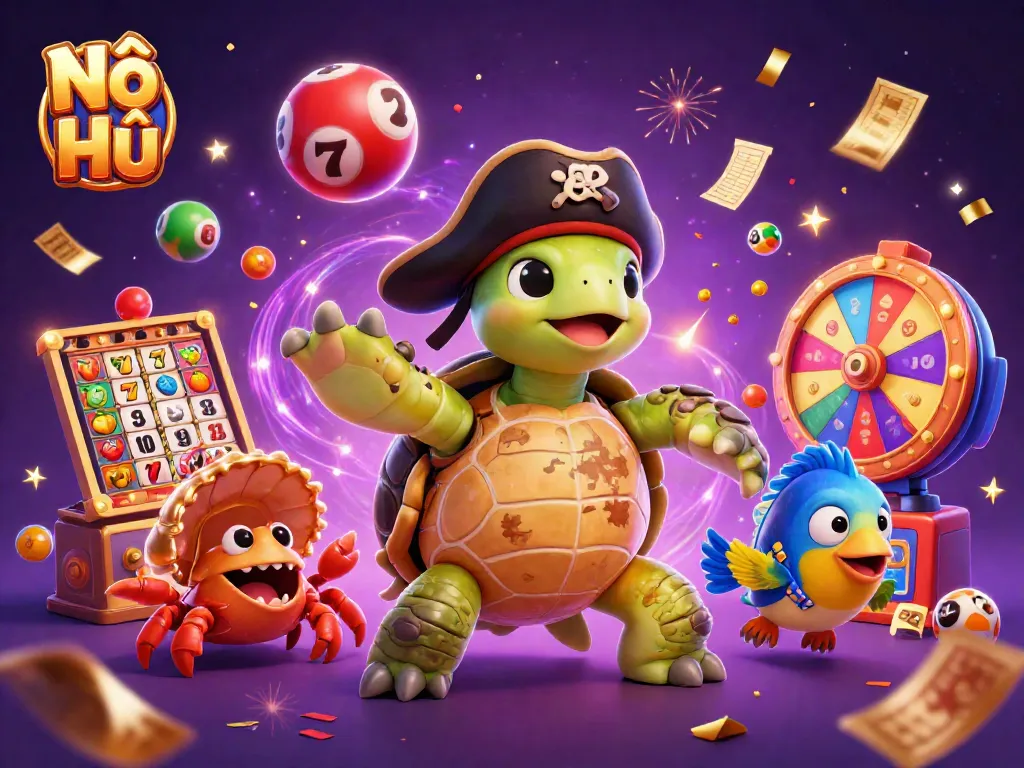Nổ Hũ showcases a vibrant 3D scene featuring unique characters and dynamic slot game elements, perfect for engaging gamers.