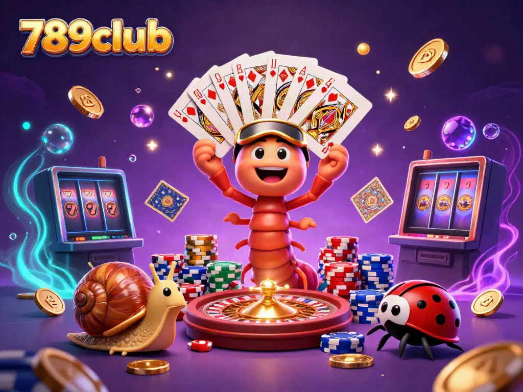 Immerse yourself in the excitement of 789club with a vibrant scene showcasing a millipede dealer and animated characters in a casino atmosphere.
