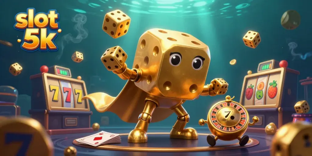Experience the excitement of slot 5k with golden dice and vibrant casino elements flying through the air.