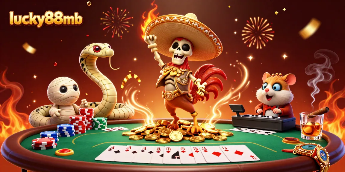 Join the lively lucky88mb scene with a mariachi rooster and casino elements celebrating wins.