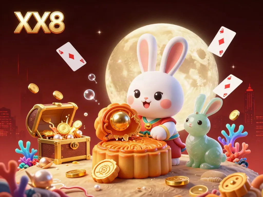 Experience the excitement of XX8 with a whimsical moon rabbit scene filled with casino treasures.