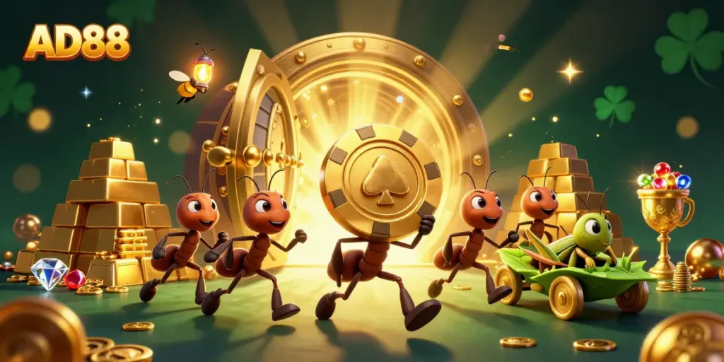 AD88 showcases a triumphant heist scene with cartoon ants stealing a giant poker chip in a vibrant casino landscape.
