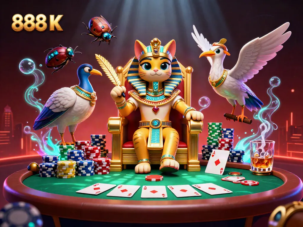 Experience thrilling wins at 888 K with a rich 3D gambling illustration of a royal pharaoh cat and poker elements.
