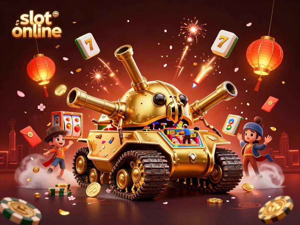 Spin jackpot reels in a vibrant slot online scene with golden beetle casino tank and festive elements.