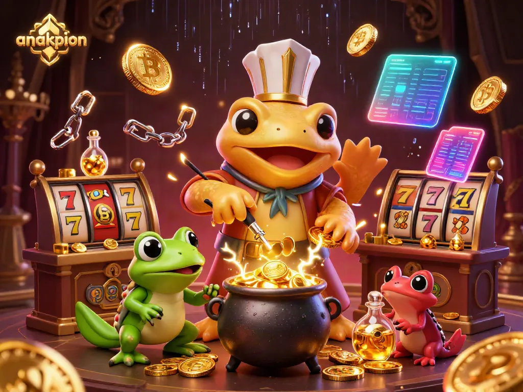 Engage with anakpion's vibrant casino world featuring a golden salamander alchemist and dynamic slot game elements.