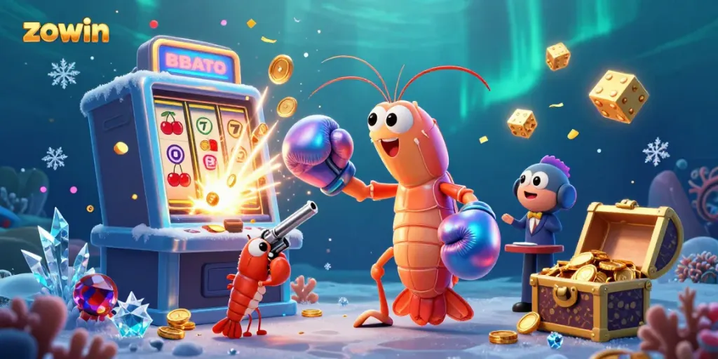 Experience the excitement of zowin with vibrant casino elements and dynamic characters in this thrilling 3D illustration.
