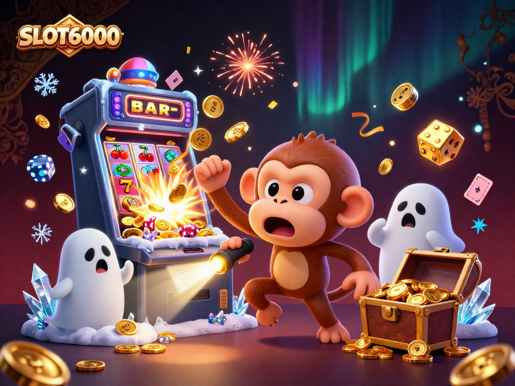 SLOT6000 offers thrilling jackpots with a poltergeist monkey and ghost-hunter puppy in a vibrant casino scene.