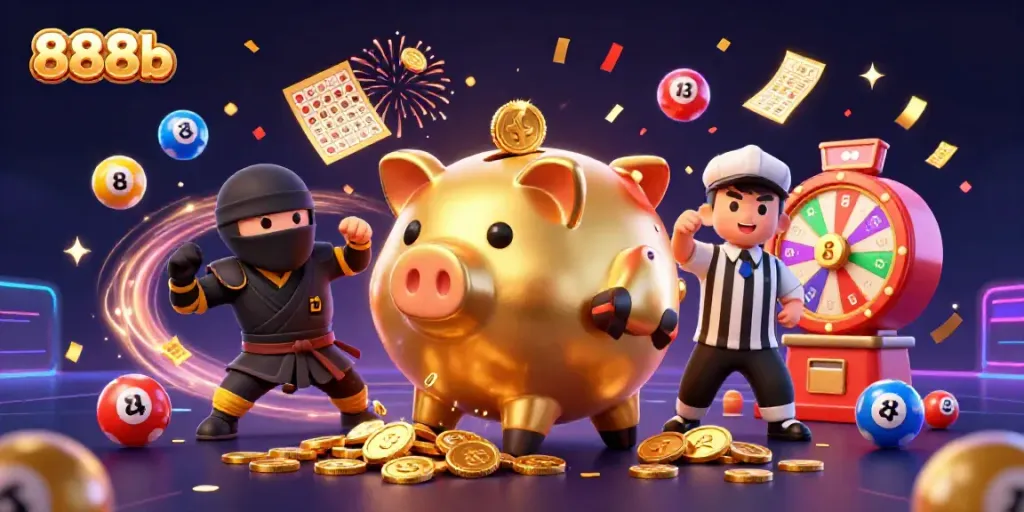 Experience excitement with 888b as cartoon characters engage in a vibrant gaming scene filled with dynamic lottery elements.