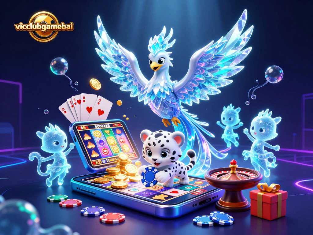 Engage with vicclubgamebai through this vibrant casino scene featuring an ice phoenix, a playful snow leopard cub, and dynamic game elements.