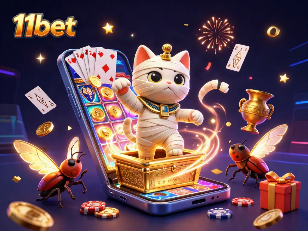 Engage with 11bet's thrilling gaming experience through vibrant casino visuals featuring a mummy cat and scarab.
