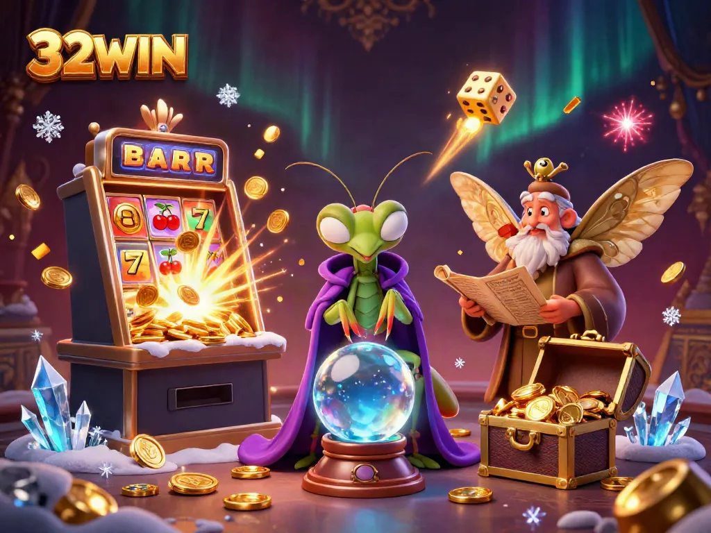 Experience the magic of 32WIN with an enchanting slot machine jackpot scene featuring characters from the casino world.