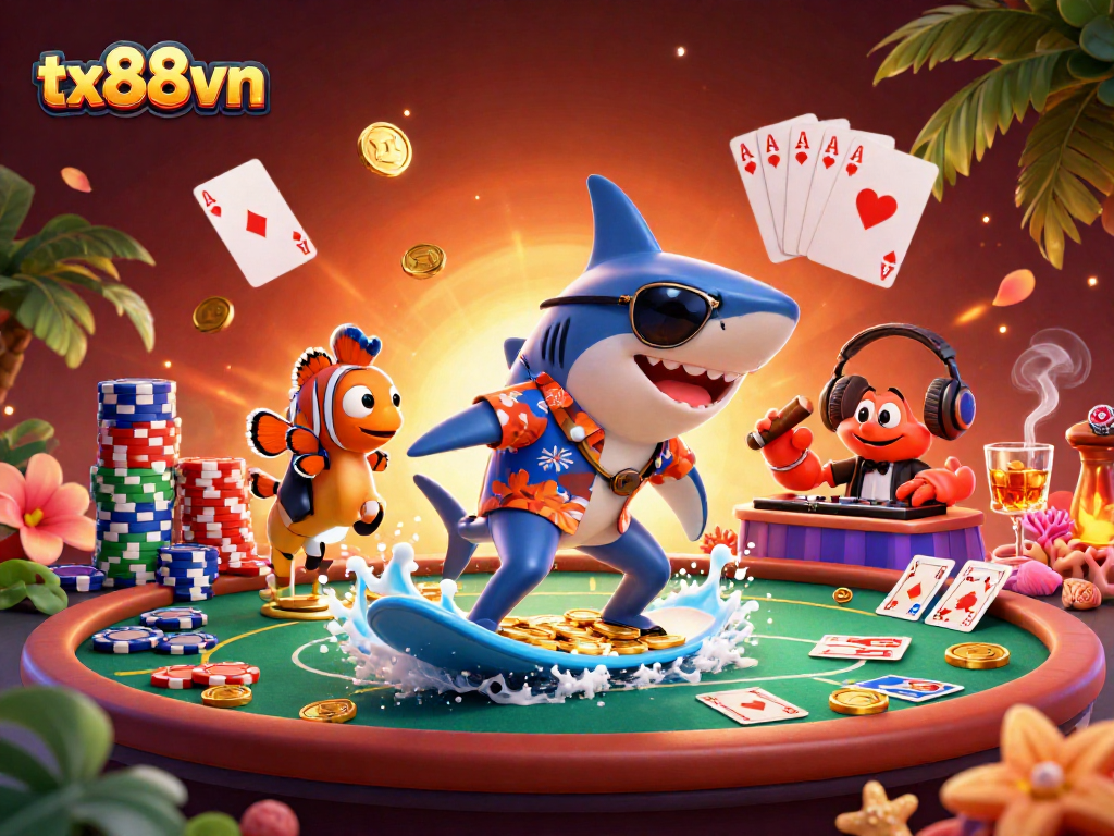Experience the excitement of tx88vn as characters engage in thrilling casino action amidst vibrant scenery.