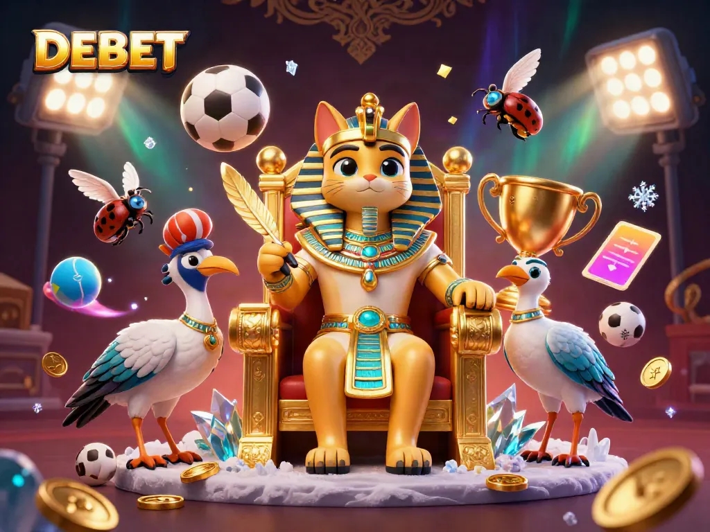 Experience thrilling betting action with DEBET's dynamic casino-themed illustration featuring a pharaoh cat and sports elements.