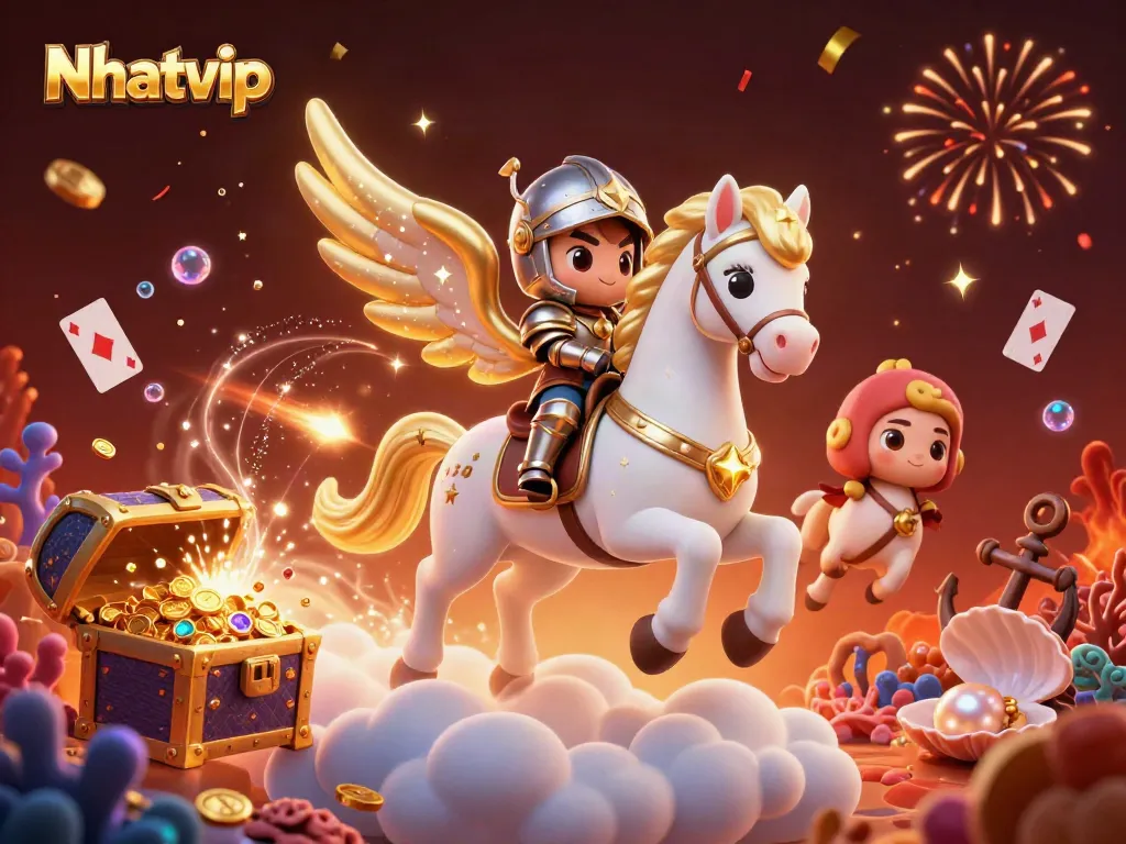 Nhatvip brings excitement with a celestial knight riding a magical horse while treasure and gaming elements explode around them.