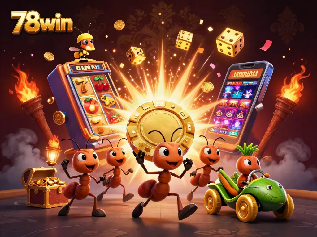 Engage with 78win's thrilling casino adventure as cartoon ants escape with a giant poker chip.