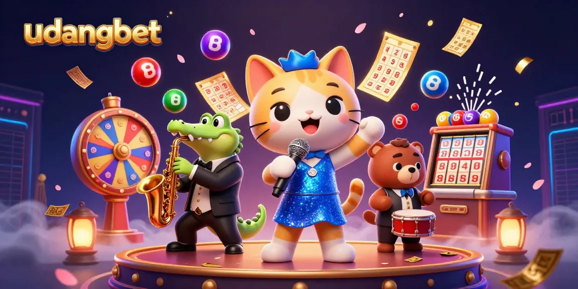 Join the fun at udangbet with a lively casino scene featuring a singing cat, saxophone crocodile, and a bear drummer.