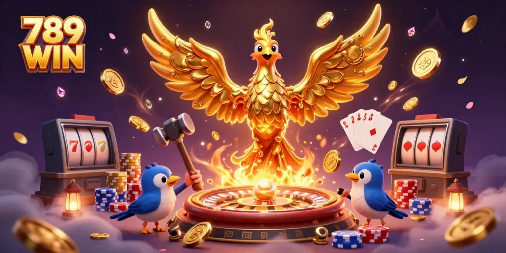 Experience the thrill of 789 WIN with molten golden phoenix, vibrant casino elements, and dynamic gameplay.