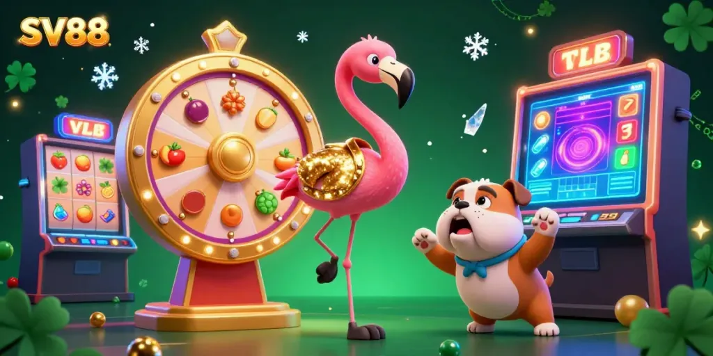 Join the excitement with SV88 as the vibrant game host, excited bulldog, and prize scoreboard come alive in this casino-themed scene.