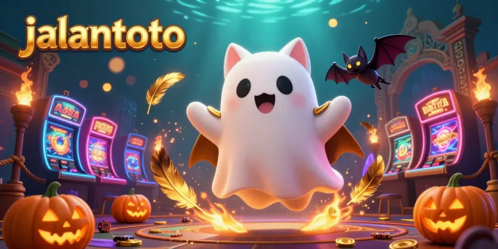 Experience the thrill of jalantoto with a ghost cat and vibrant casino elements, capturing the excitement of online gambling.