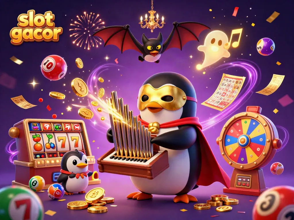 Experience the magic of slot gacor with a 3D cartoon penguin playing an organ, dispensing gold coins amidst vibrant casino elements.