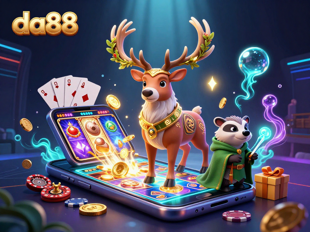 Experience winning vibes at da88 with a colorful slot game and lively casino characters.
