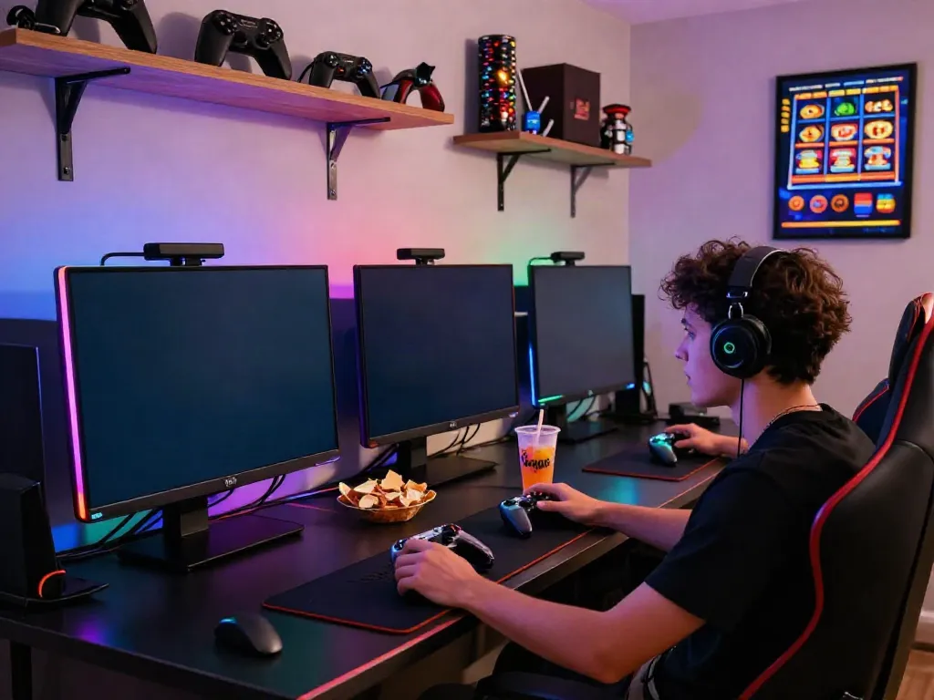 Player enjoying slot gacor hari ini at a modern gaming setup with colorful lights.