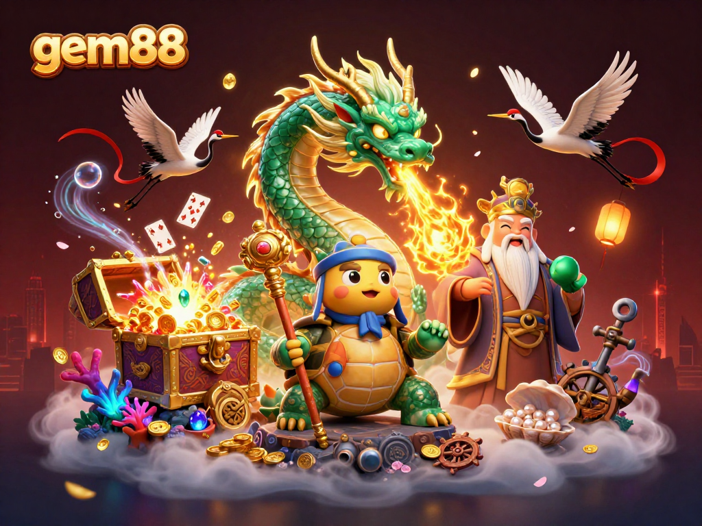 Experience the excitement of gem88 with a jade dragon amidst gold coins and vibrant game elements.