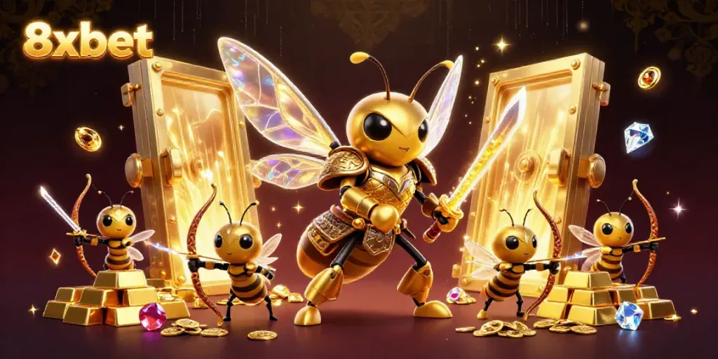 Experience 8xbet's thrilling gaming adventure with a giant hornet samurai and buzzing bee archers.