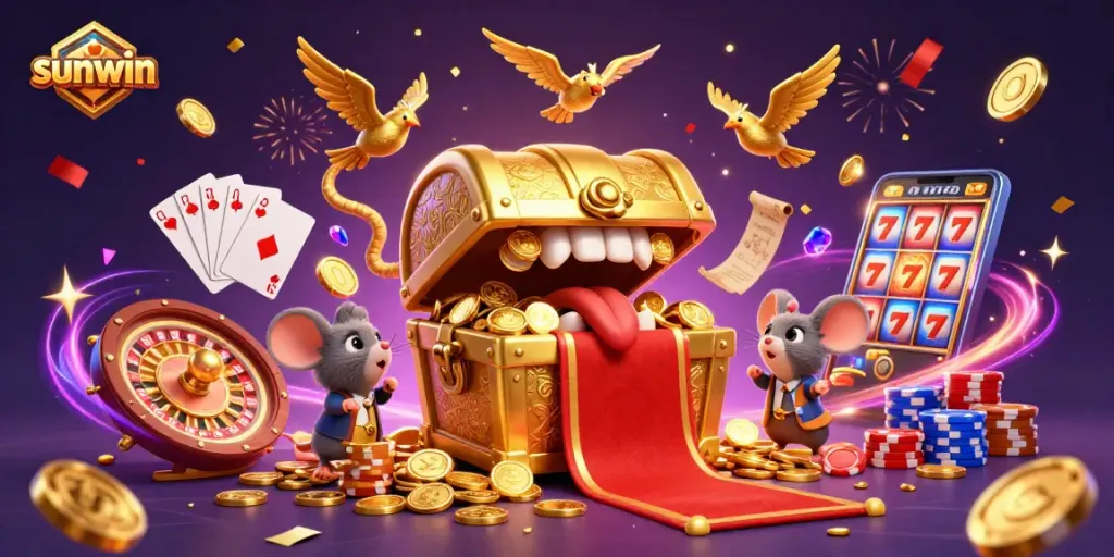 Experience the excitement of sunwin with treasures, riches, and gaming fun in a vibrant casino scene.