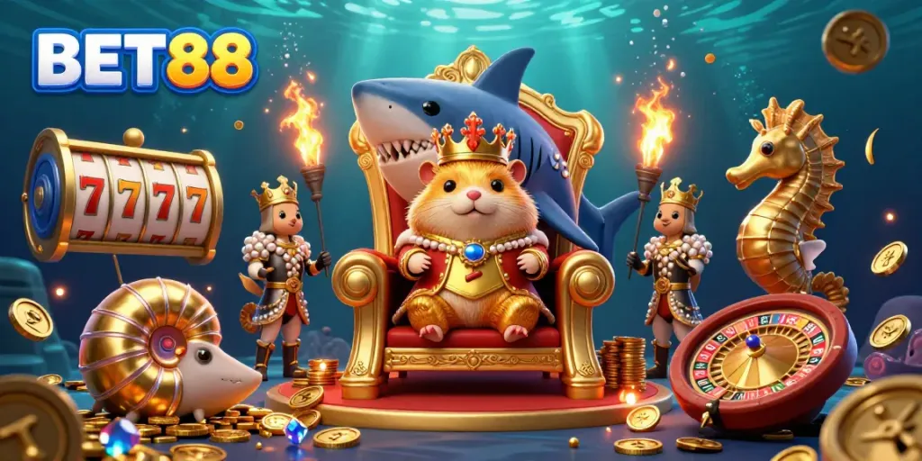 Experience BET88's gaming world with an enchanting coral crown hamster king in a treasure-filled ocean scene.