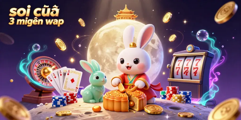 Experience the magic of soi cầu 3 miền wap with vibrant characters, coins, and playing elements in a dazzling lunar scene.