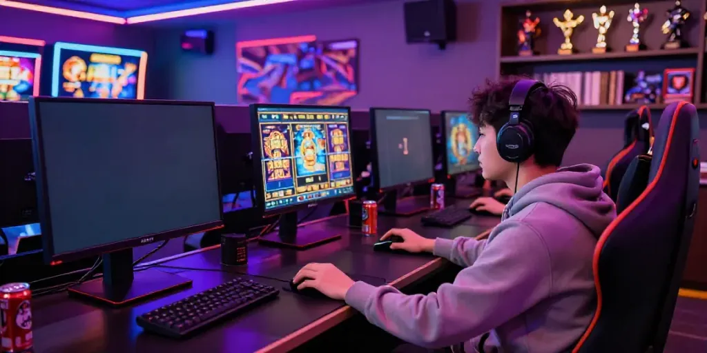 Kayu77 online slot gaming environment with vibrant graphics and intense player focus.
