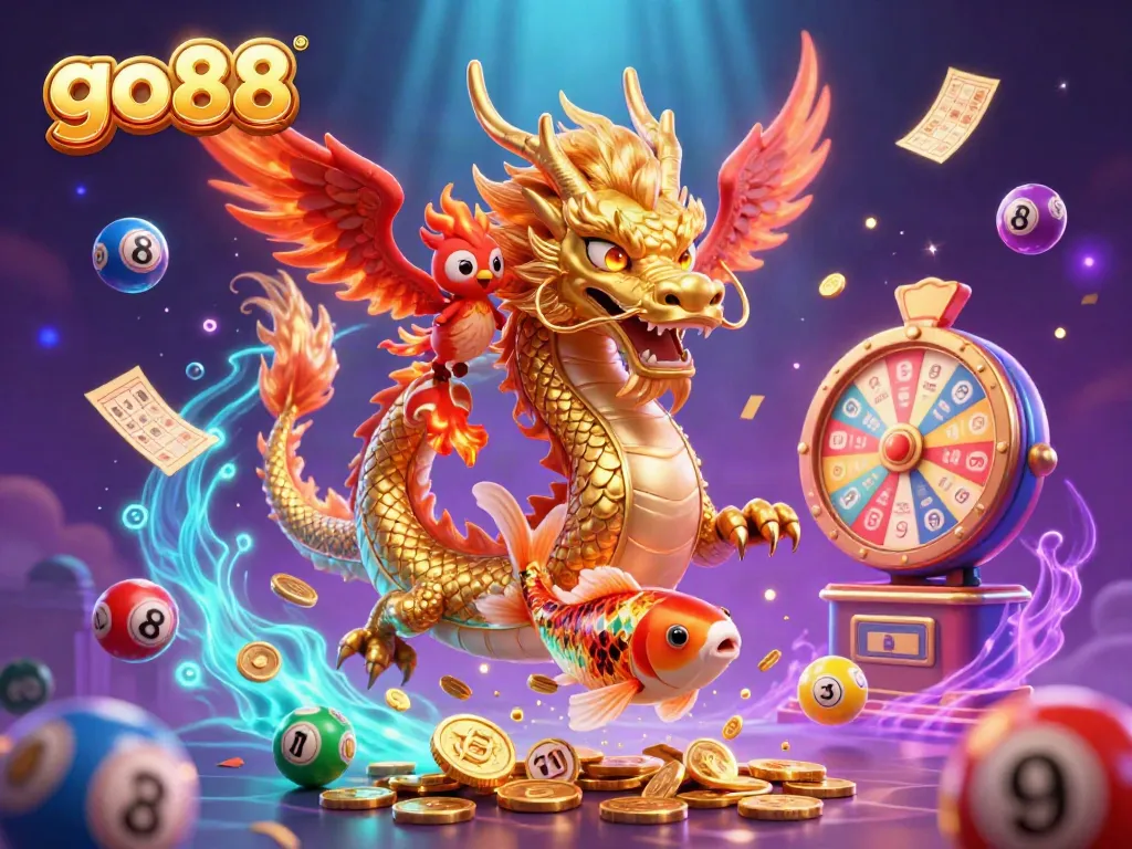 Join the action with go88 in an engaging casino scene featuring vibrant game elements and mythical creatures.