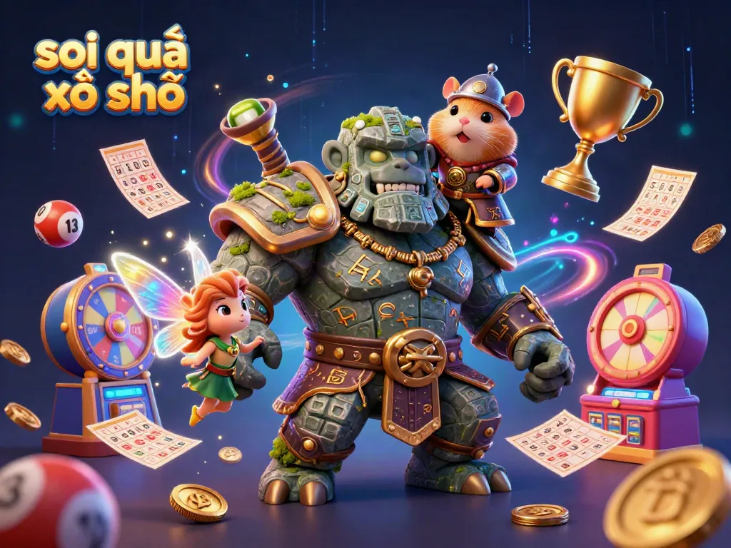 Engaging scene of soi cầu xổ số with a magical golem, fairy, and hamster knight exploring lottery elements.