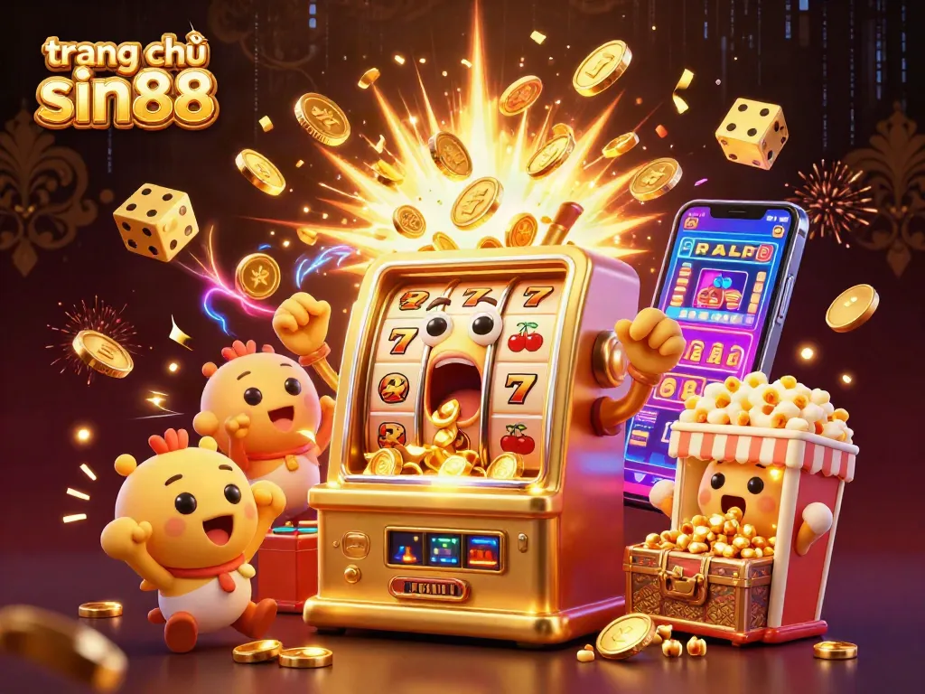 Celebrate on trang chủ sin88 with a golden slot machine winning a jackpot, surrounded by cheering friends and casino elements.