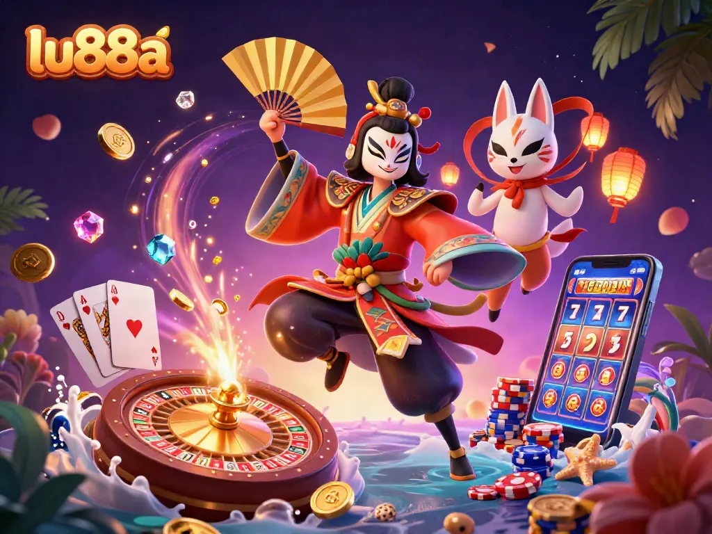 Experience thrilling action and win big with lu88a's casino games, showcased in a captivating 3D scene.