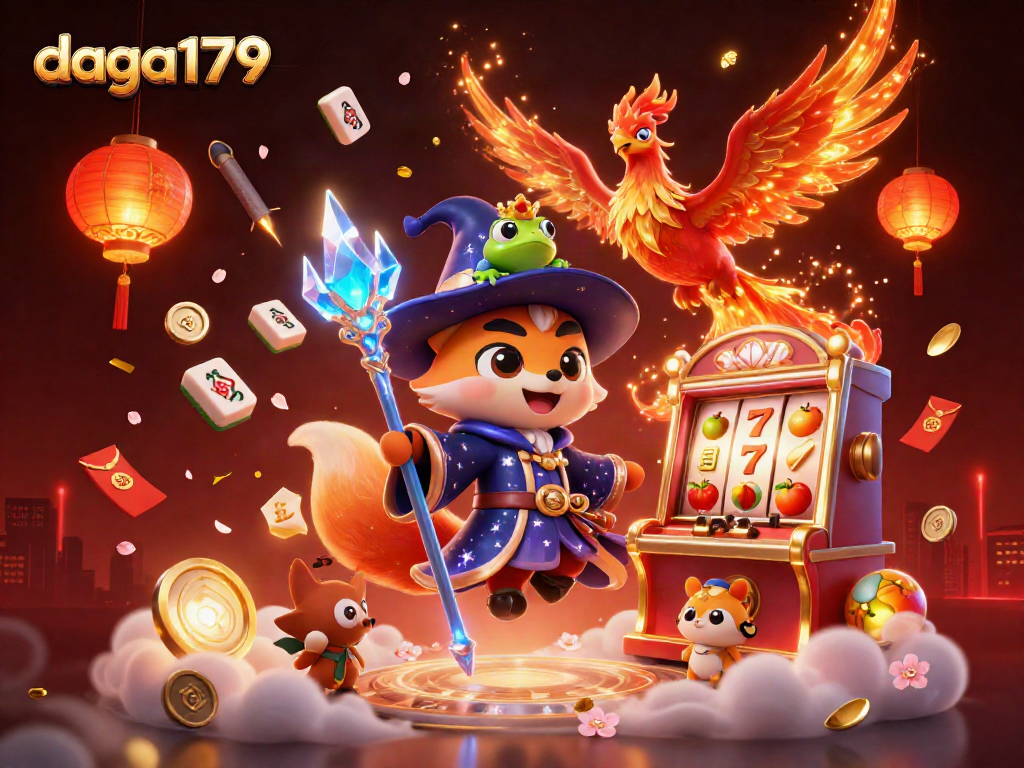 daga179’s immersive casino experience, depicting a wizard fox with a slot machine and magical elements.
