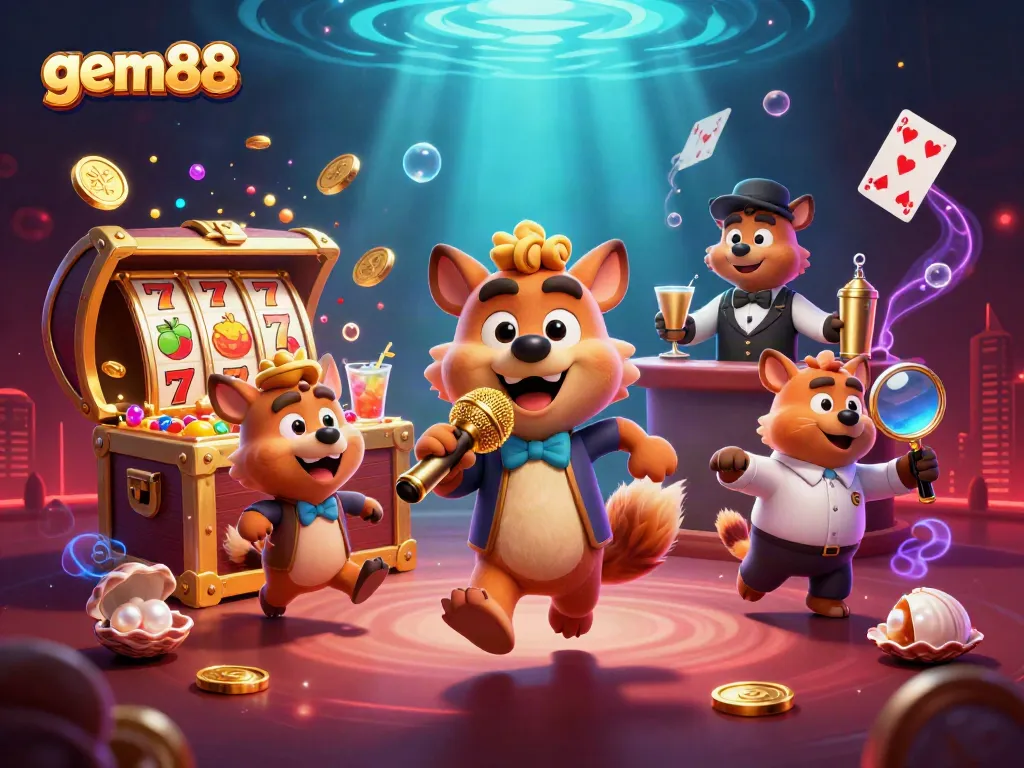 Experience gem88's thrilling casino atmosphere with colorful 3D characters and lively game elements.