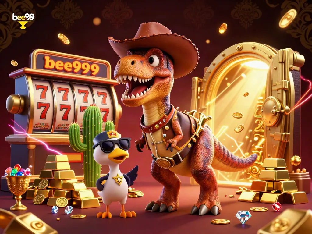 Experience thrilling gameplay with bee999's dynamic casino illustration featuring a T-Rex, cactus, and roadrunner.