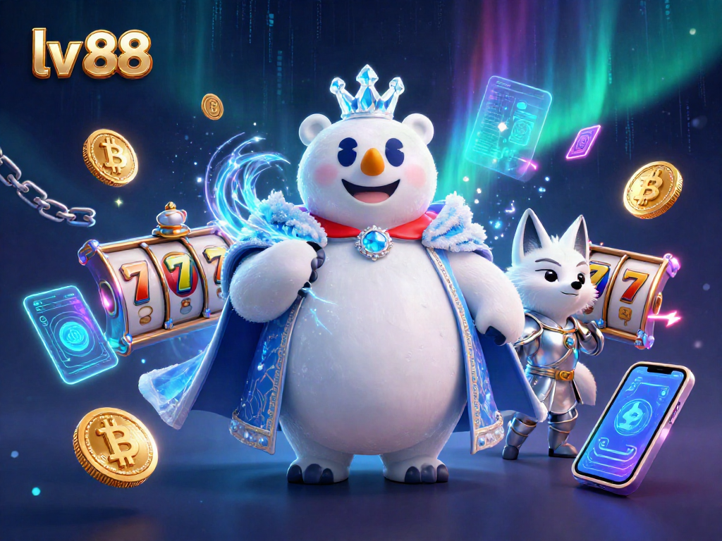 Play slots with the vibrant lv 88 gaming scene featuring crypto coins and royal characters.