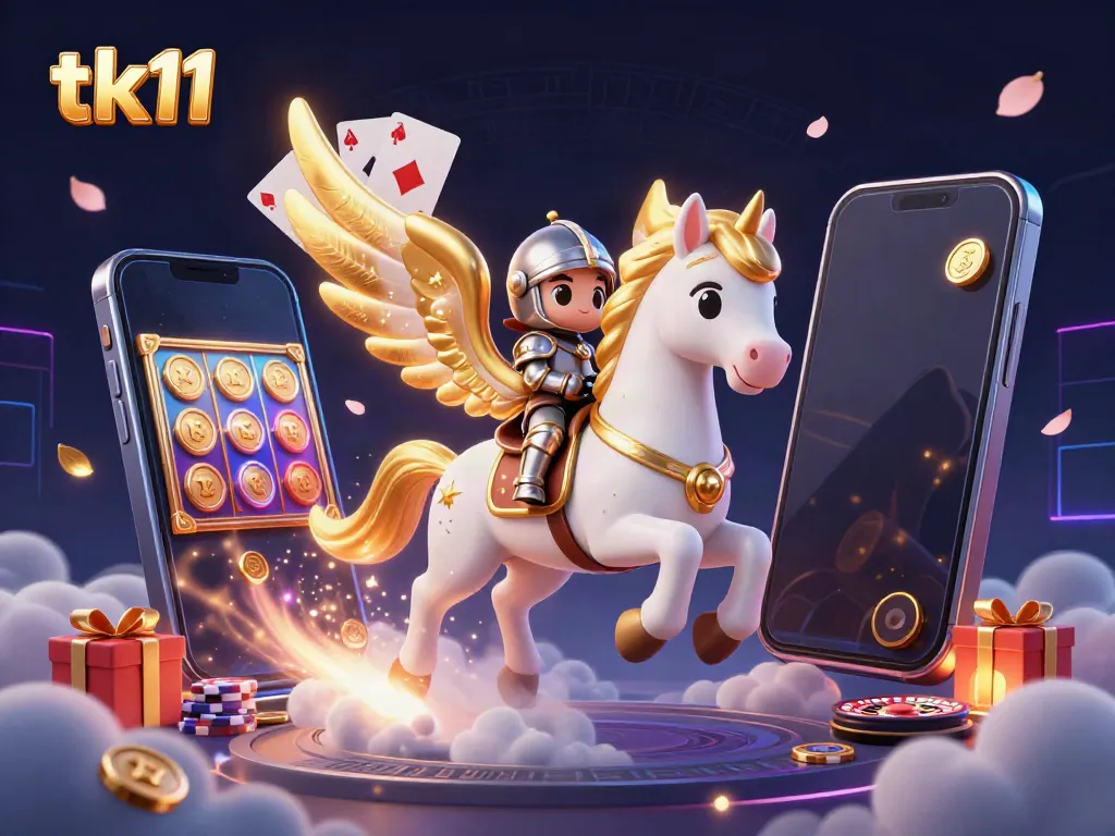 Engage with the thrilling tk11 slot experience as a knight rides a celestial horse amidst gaming elements.
